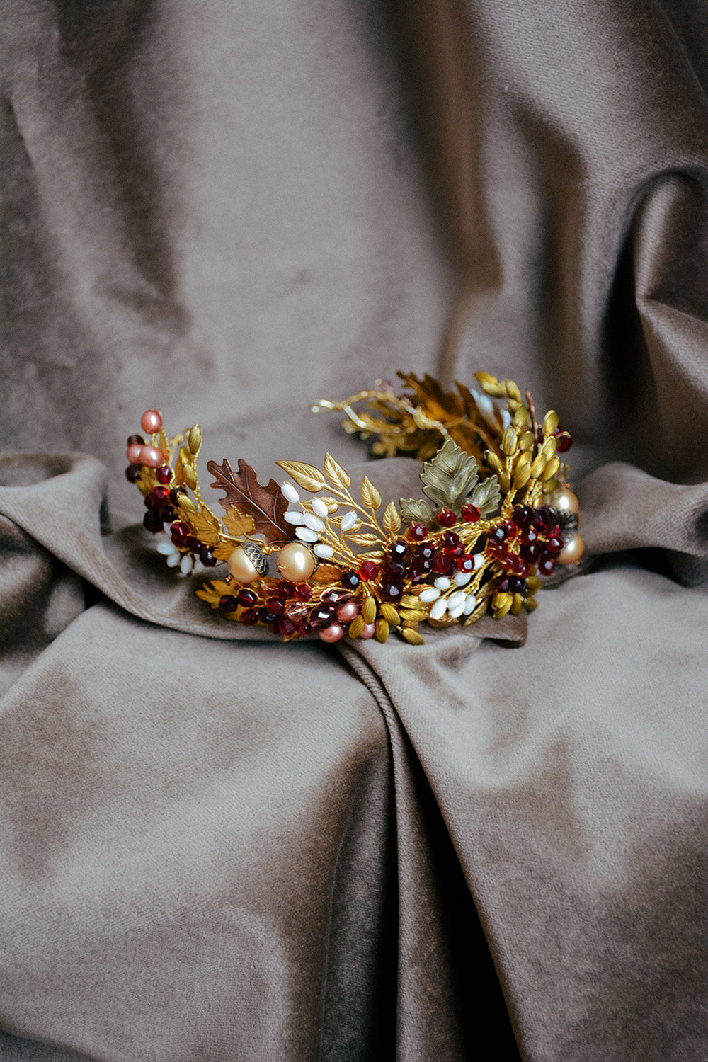 Golden Oak Leaf retailer and Crystal Flower Wedding Headpiece for Bride